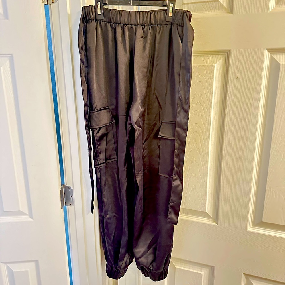 black satin cargo pants